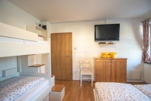 sypialnia z 2 łóżkami i telewizorem z płaskim ekranem w obiekcie Apartmaji Hribovc Kranjska Gora w mieście Kranjska Gora