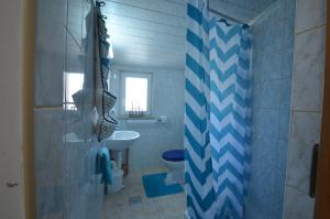 baño azul y blanco con aseo y lavamanos en Apartment Delphin, en Vir