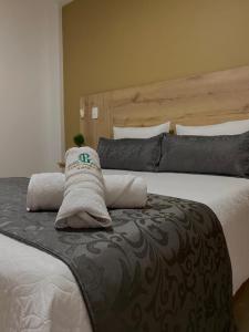 een slaapkamer met 2 bedden en kussens op het bed bij HOTEL GRAN PARAISO in Giraldo