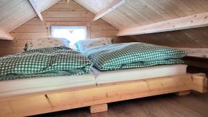 two beds in a log cabin with a window at Haeuslein-Waldesruh in Muldenberg