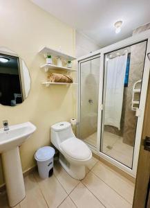uma casa de banho com um chuveiro, um WC e um lavatório. em 3BR Apartment in Acacias San Ignacio em Tegucigalpa