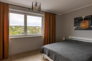 a bedroom with a bed and a large window at Таун Terrasa 2floors in Chernivtsi