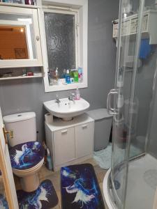 a bathroom with a toilet and a sink and a shower at Bastolino in Newtongrange