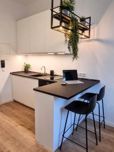 a kitchen with a island with a laptop on it at Modernes Apartment im Zentrum von Karlsruhe in Karlsruhe