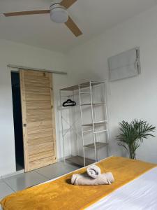 een slaapkamer met een bed, een ventilator en een kast bij Studio La Caféière in Saint-Claude
