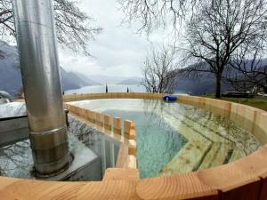 a plunge pool with a view of the mountains at Villa Hélène in Solto Collina