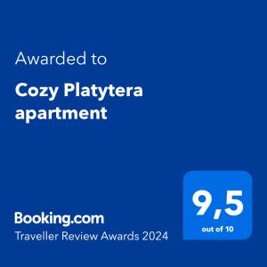 Certifikát, hodnocení, plakát nebo jiný dokument vystavený v ubytování Cozy Platytera apartment