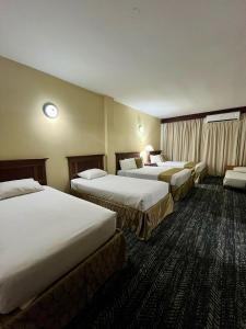Punto FijoにあるHOTEL BRISAS PARAGUANÁのベッド3台と窓が備わるホテルルームです。