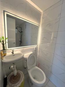 a bathroom with a toilet and a sink and a mirror at Lanara House in Magalang