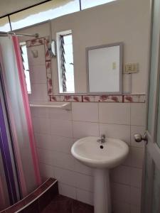 ein Bad mit einem Waschbecken und einem Spiegel in der Unterkunft Habitación Confortable frente al Hospital Regional Ramiro Priale in Huancayo