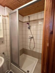 a bathroom with a shower and a tub with a shower at Pension Huber in Fischbachau +22 photos