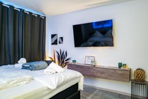 1 dormitorio con 1 cama y TV en la pared en #611 Stilvolle und komfortable Wohnung in Essen en Essen