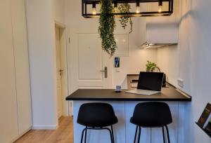 a kitchen with a island with a laptop computer on it at Modernes Apartment im Zentrum von Karlsruhe in Karlsruhe