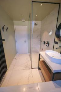 uma casa de banho com uma cabina de duche em vidro e um lavatório. em Luxury 200sqm appartment / hot tub / sauna em Bruxelas