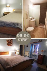 2 fotos de un dormitorio con cama y baño en Logis Hôtel & Restaurant Le Saint Savinien, en Saint-Savinien