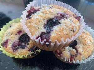 two blueberry muffins in paper muffin wrappers at Franklyn Farm Inn in Chester