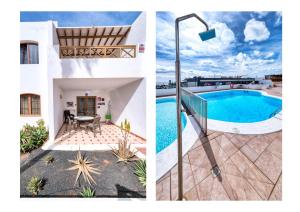 duas fotos de uma casa com piscina em Casa Appia-300m from the beach, heated pool em Puerto del Carmen