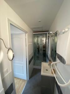 y baño con ducha a ras de suelo y lavamanos. en NOUVEAU: Charmant appartement de 35m², en Mers-les-Bains