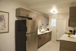 uma cozinha com um frigorífico de aço inoxidável e um lavatório em Apt 2 Miami Designer Apartment in the Upper East-Side em Miami