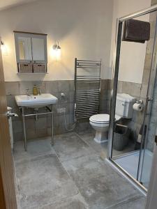 a bathroom with a sink and a toilet at Converted Barn with Hot Tub, The Hayloft. in Over Kellet