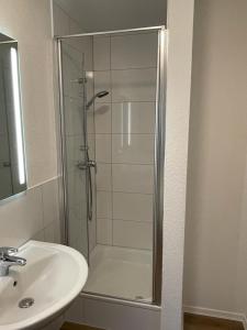 a bathroom with a shower and a sink at Hotel Weibertreu in Weinsberg