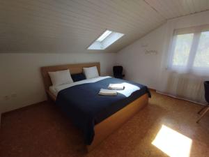 una camera con un grande letto in una stanza con finestra di Haus im Rietle a Schaan