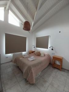 a bedroom with a bed and two large screens at María Juana in San Martín de los Andes