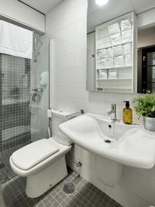 La salle de bains blanche est pourvue de toilettes et d'un lavabo. dans l'établissement MANZANO PALACE. Apartamentos con Terraza, à Almagro