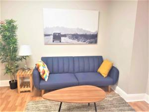 un divano blu in soggiorno con tavolo di Gorgeous Room in Washington DC a Washington