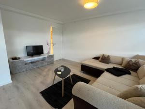 - un salon avec un canapé et une télévision dans l'établissement Ferien Monteur Wohnung sunshine, à Bodenwerder