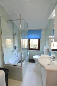 uma casa de banho com um chuveiro, um WC e um lavatório. em Apartments for families with children Opatija - Pobri, Opatija - 7890 em Matulji
