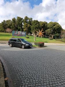 un coche aparcado al lado de una carretera con una escultura en Residencial S. Gião, en Valença