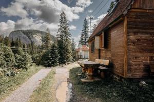 ein Holzhaus mit einer Bank neben einer unbefestigten Straße in der Unterkunft Mountain View Tiny House in Lacul Roşu