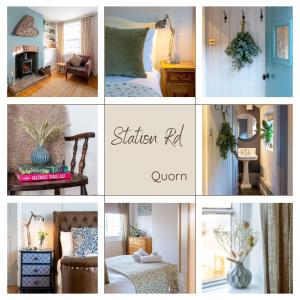 eine Collage mit Bildern von einem Schlafzimmer und einem Zimmer in der Unterkunft Fox Cottage in Quorndon