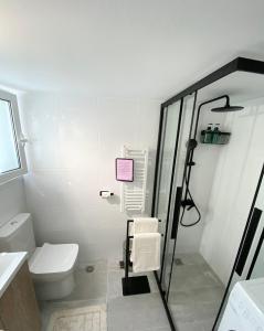 a bathroom with a toilet and a glass shower at Fenia's Apartment in Athens
