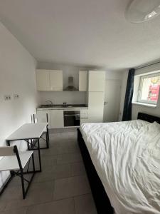um quarto com uma cama, uma mesa e uma cozinha em Moderne Wohnung in Spaichingen em Spaichingen