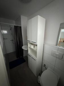 a white bathroom with a toilet and a sink at Moderne Wohnung in Spaichingen in Spaichingen