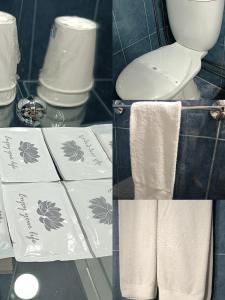 a bathroom with a toilet and towels on a counter at Residencial S. Gião in Valença