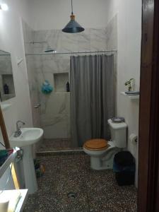 ein Bad mit einer Dusche, einem WC und einem Waschbecken in der Unterkunft Casa Amparo, A media calle del zócalo Centro in Puebla