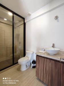 La salle de bains est pourvue de toilettes et d'un lavabo. dans l'établissement Espectacular depa en Cholula, puebla 103 A, à Cholula