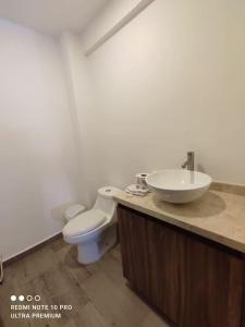 La salle de bains est pourvue d'un lavabo et de toilettes. dans l'établissement Espectacular depa en Cholula, puebla 103 A, à Cholula