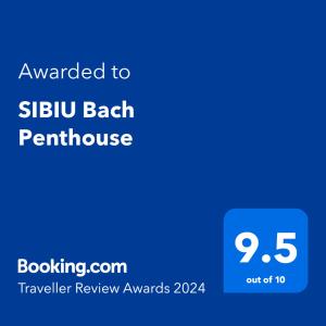 Ett certifikat, pris eller annat dokument som visas upp på SIBIU Bach Penthouse