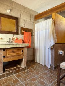 a bathroom with a sink and a shower at Cabañas Jassí in Querétaro