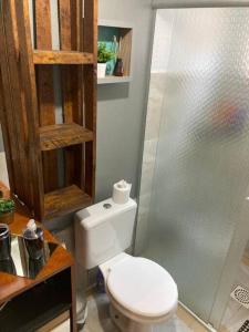 łazienka z toaletą i prysznicem w obiekcie Apartamento Júnior w mieście Canela