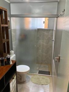 uma casa de banho com uma cabina de duche em vidro e um WC. em Apartamento Júnior em Canela