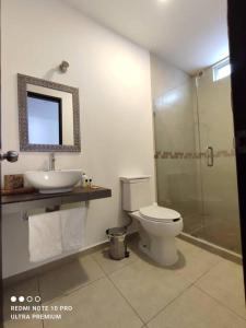 een badkamer met een toilet, een wastafel en een douche bij Departamento nuevo en Cholula, Puebla 111 in Cholula