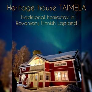 eine Buchhülle eines roten Hauses mit den Wörtern Heritage house tahiti Traditional in der Unterkunft Perinnetalo Taimela / Heritage House Taimela -homestay in Rovaniemi