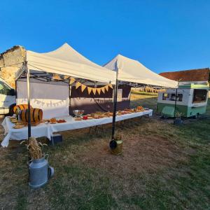 tenda con cibo sui tavoli in un campo di Domaine de Bontemps 