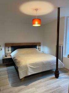 a bedroom with a white bed with a lamp at Le Moulin de Gueuzon in Rochefort-en-Terre