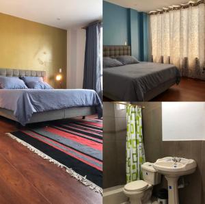 two different pictures of a bedroom with two beds at Mirador Departamento in Loja